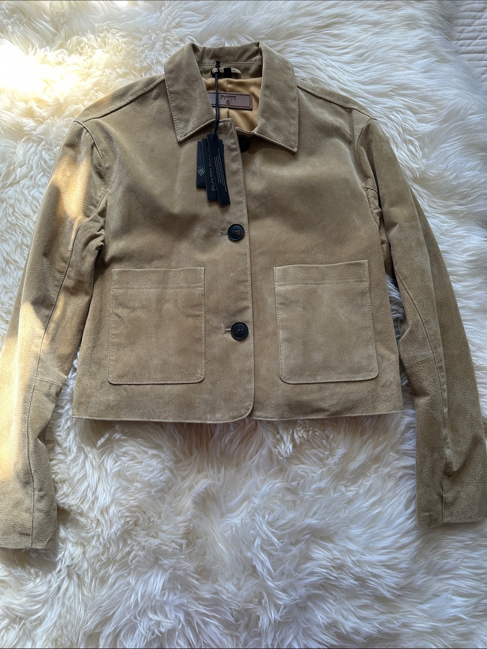 Blank NYC Cropped Suede Jacket in Tan